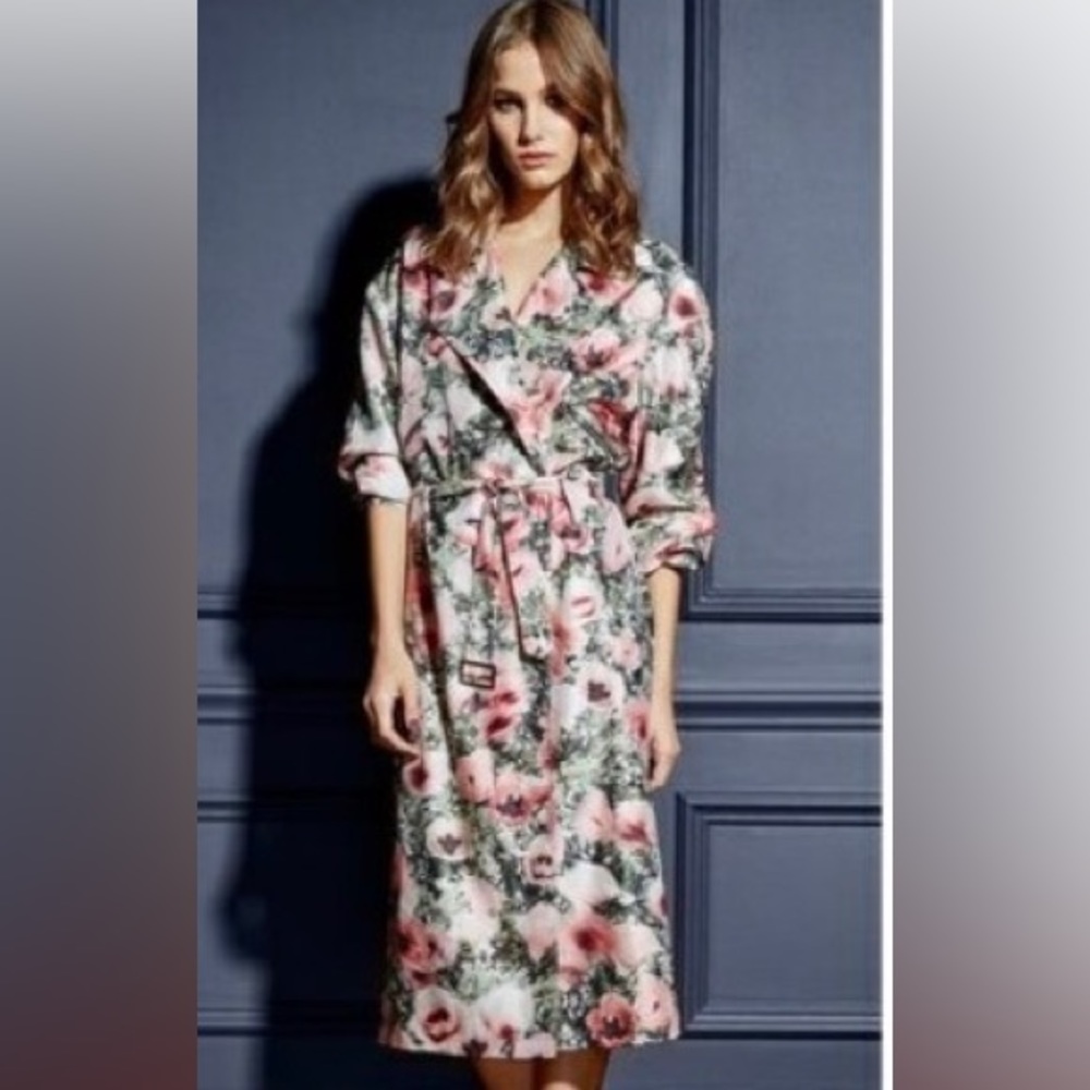 Fleur du Mal long silk trench coat size Medium Poppy print, NWT